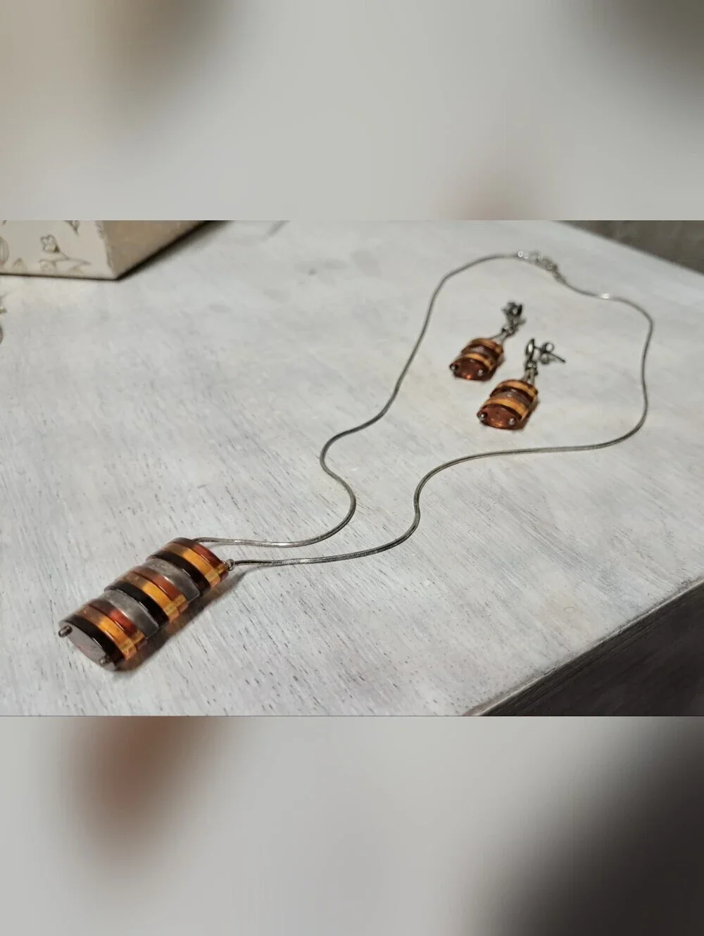 Sterling Silver Baltic Amber Jewelry Set: Geometric Pendant Necklace & Earrings